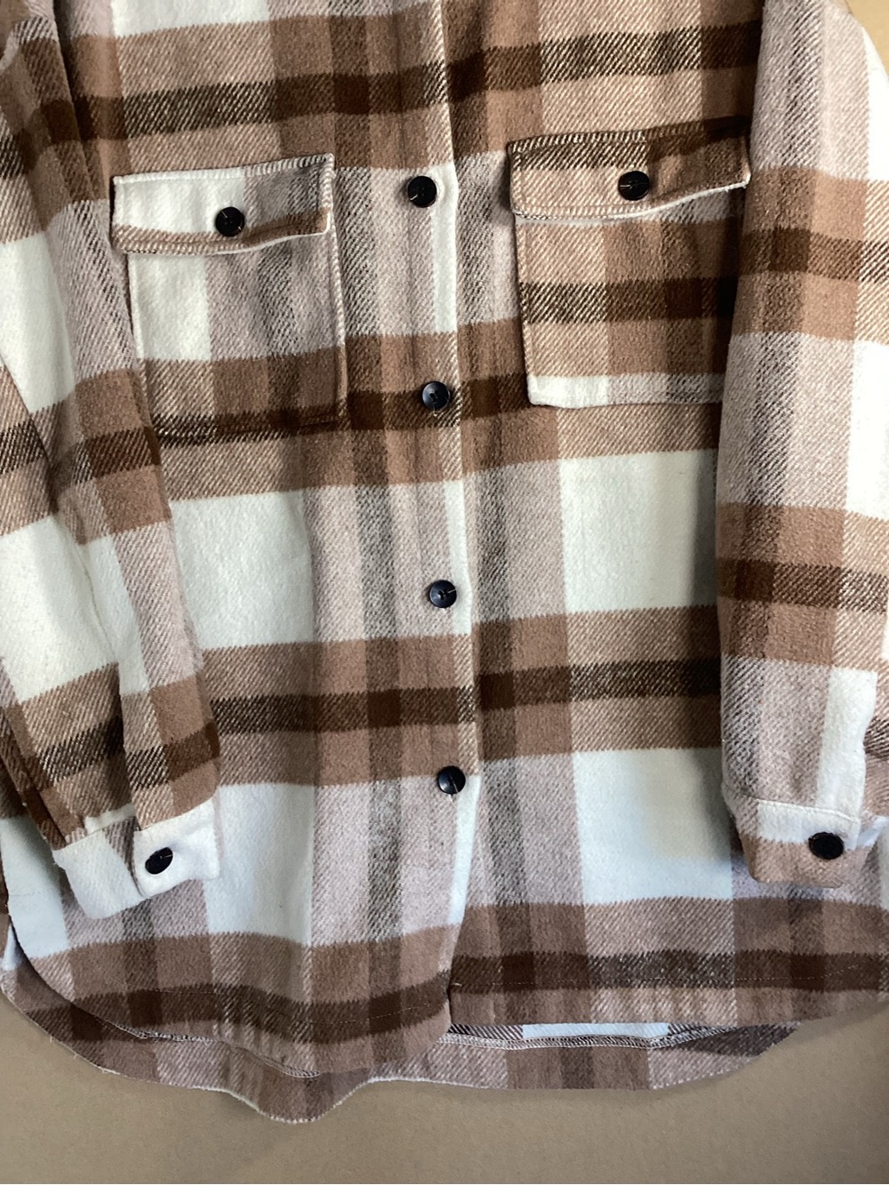 Western Plaid Utility Shacket Jacket - Cream & Brown sz L - Picture 3 of 8